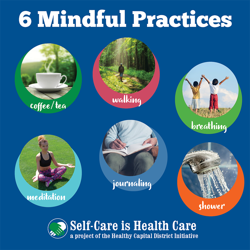 mindful practice images - walking, breathing, meditate, shower, journaling, coffee, tea
