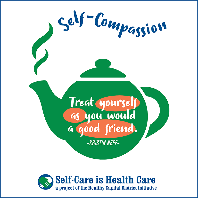 Image of tea pot that says, treat yourself as you would a good friend